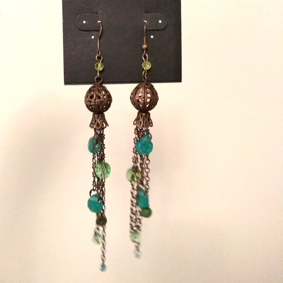 Vintage Teal Blue Beads Brass Dangle Drop Earrings Timeless VTG Jewelry - Picture 3 of 6